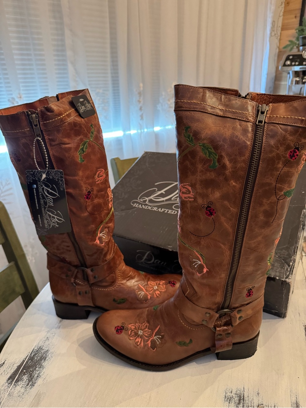 Dan Post Brown Western Floral Embroidered Leather Riding Boots